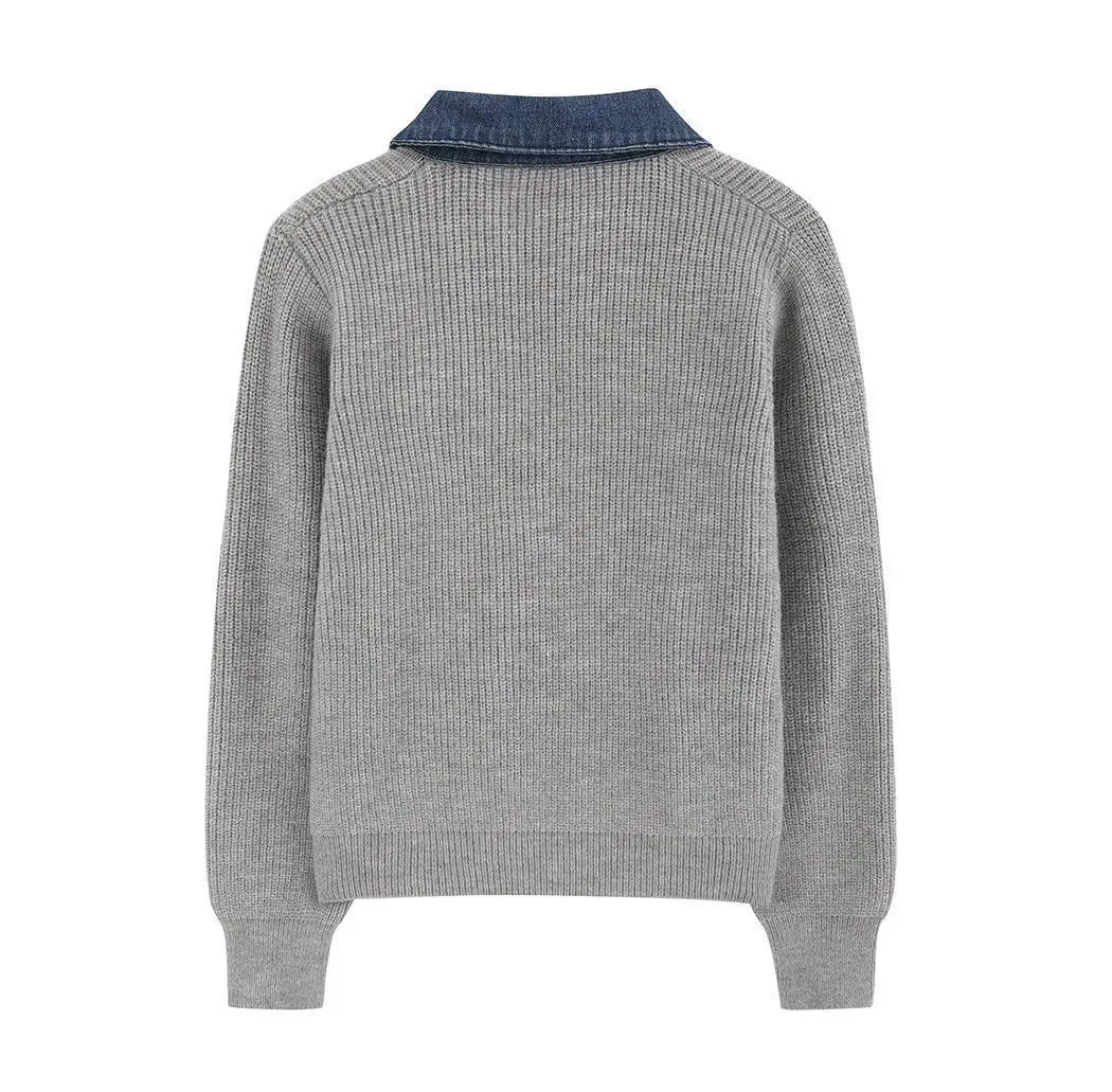 Gebreide Cardigan Voor Dames | Winter Cardigan Met Denim Kraag En Borstzak