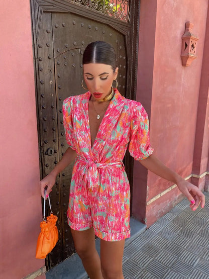 LIVETTE | Dames Zomer Jumpsuit Met V hals & Strik Design