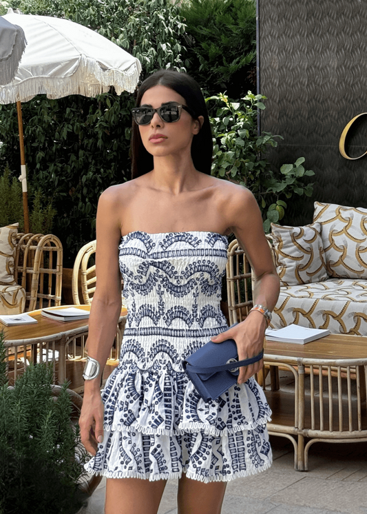 SANTORINI | Strapless Zomerjurk in Blauw Gelaagd Ontwerp – Elegant, Licht & Veelzijdig!