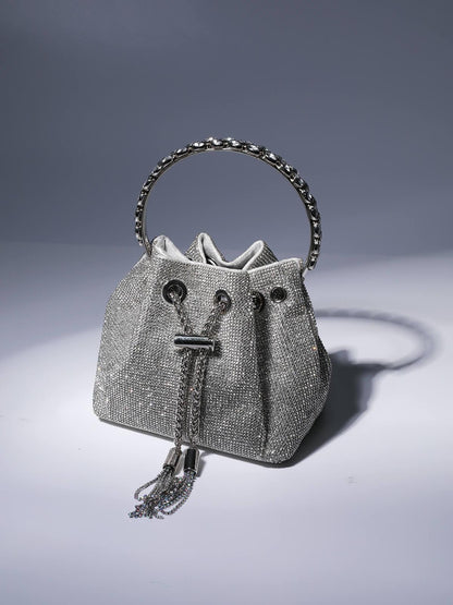 MATTEA | Luxe Bucket Bag Voor Dames met Kristallen – Zilverkleurig Statement Accessoire