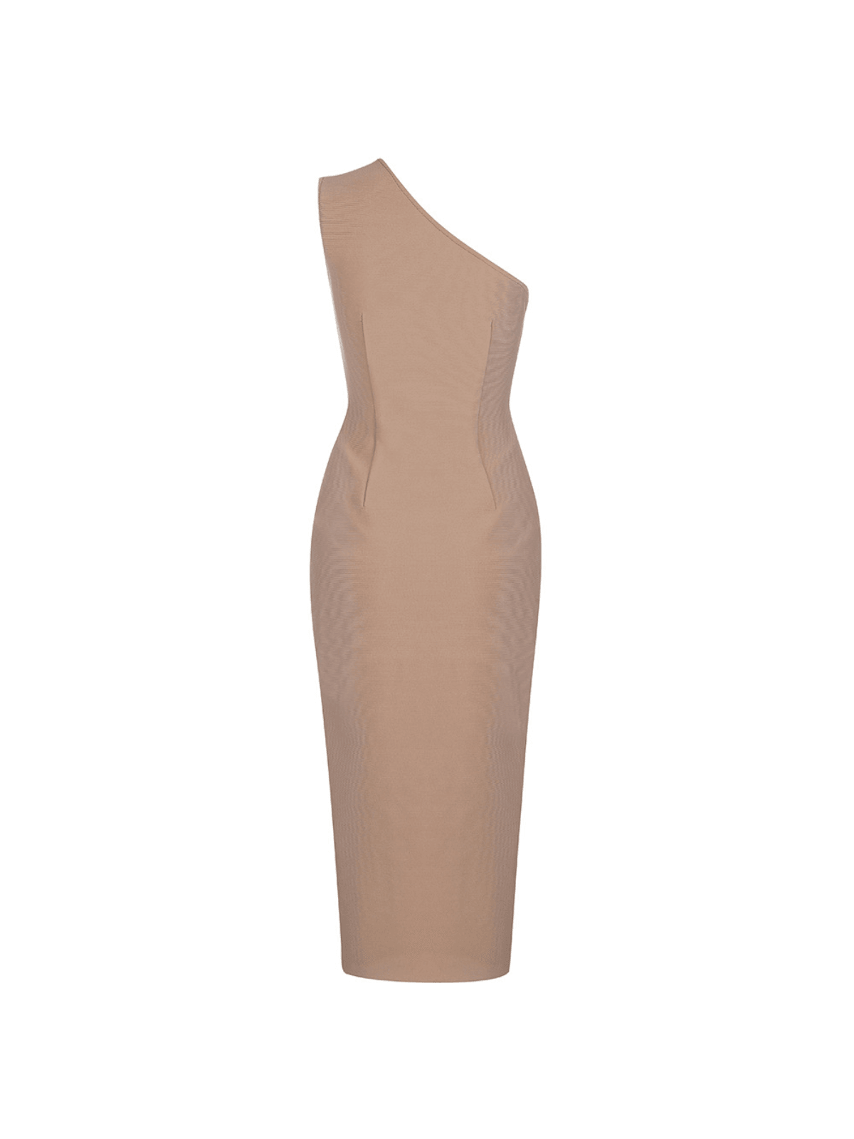 MAYA | Flatterende One Shoulder Bandage Jurk – Nude met Zwarte Contourlijnen