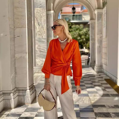 Women's Long-sleeve Shirts V-neck Lace-up Graceful Satin