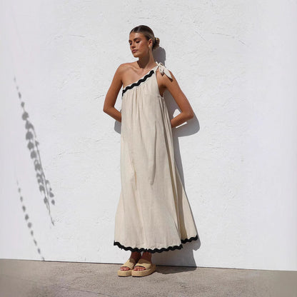 MILA | One Shoulder Maxi Jurk Voor Dames met Zwarte Kartel Randjes – Relaxed, Elegant & Luchtig