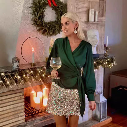 Women's Long-sleeve Shirts V-neck Lace-up Graceful Satin
