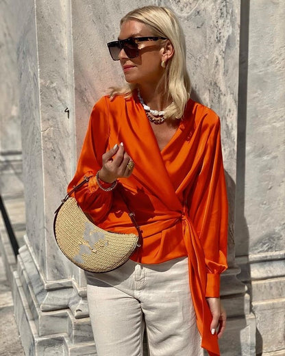 Women's Long-sleeve Shirts V-neck Lace-up Graceful Satin