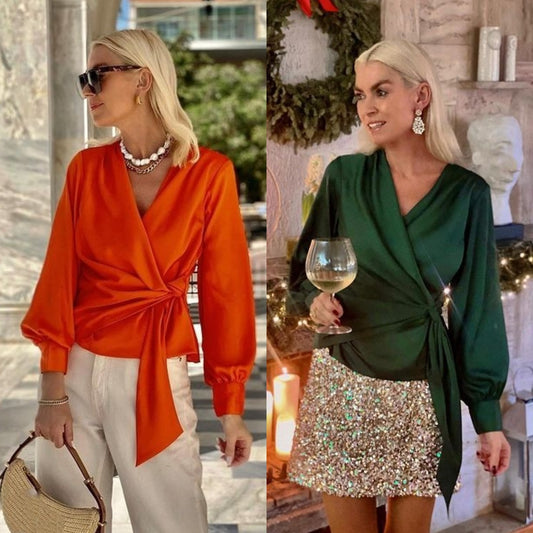 Women's Long-sleeve Shirts V-neck Lace-up Graceful Satin