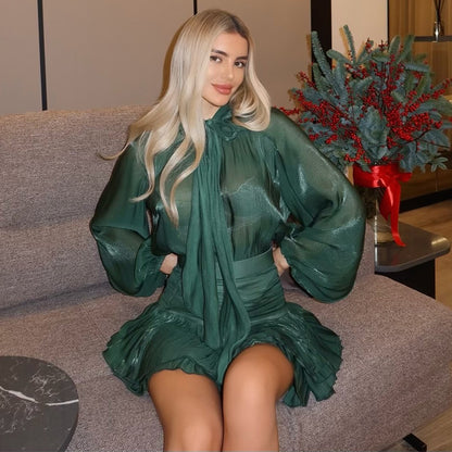 New Fashion Bowknot Lace-up Top High Waist Pleating Skirt Casual Suit