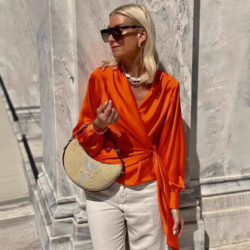 Women's Long-sleeve Shirts V-neck Lace-up Graceful Satin