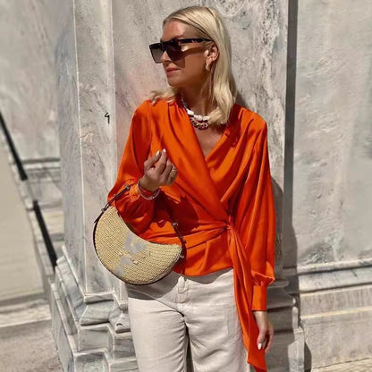 Women's Long-sleeve Shirts V-neck Lace-up Graceful Satin