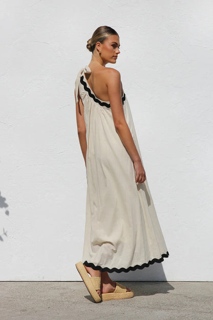 MILA | One Shoulder Maxi Jurk Voor Dames met Zwarte Kartel Randjes – Relaxed, Elegant & Luchtig
