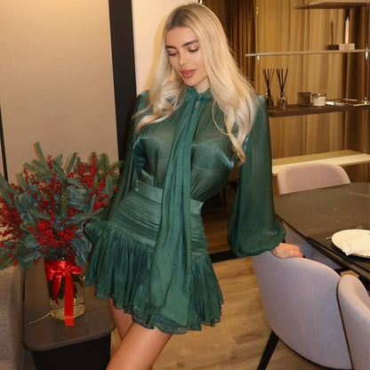 New Fashion Bowknot Lace-up Top High Waist Pleating Skirt Casual Suit