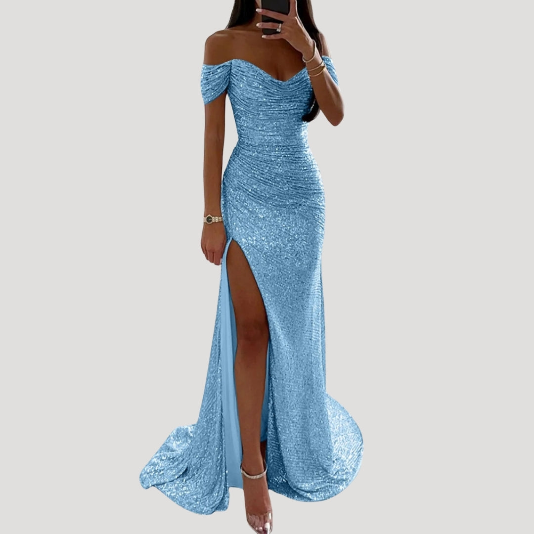 Off-Shoulder Maxi Jurk | Pailletten & Hoge Split - Speciale Gelegenheden