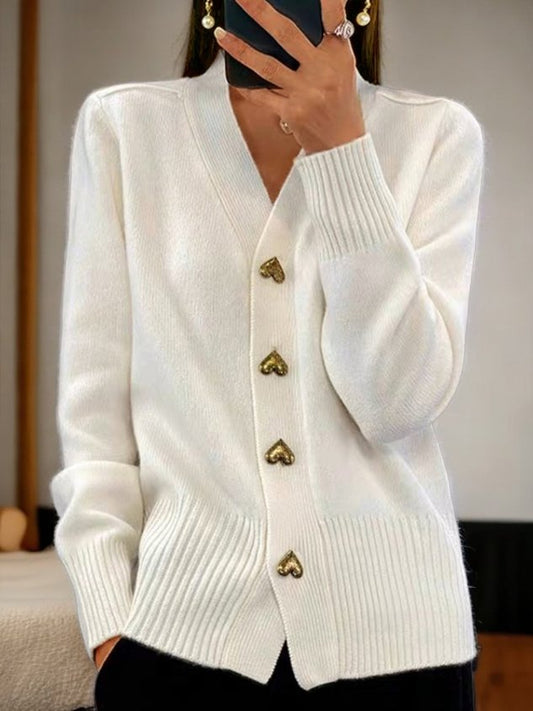 Elegant Vest Voor Dames – Zachte Gebreide Cardigan Met Gouden Hartvormige Knopen