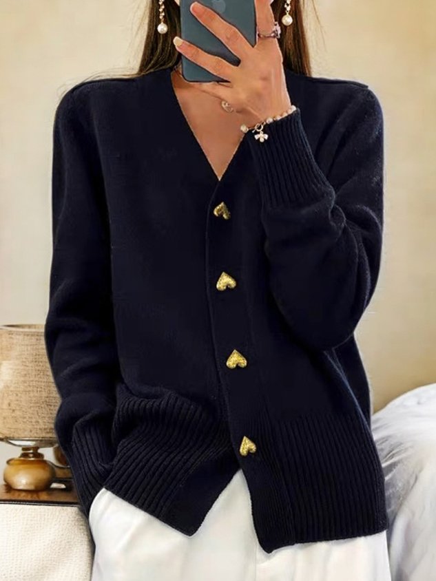 Elegant Vest Voor Dames – Zachte Gebreide Cardigan Met Gouden Hartvormige Knopen
