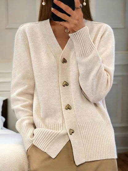 Elegant Vest Voor Dames – Zachte Gebreide Cardigan Met Gouden Hartvormige Knopen