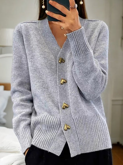 Elegant Vest Voor Dames – Zachte Gebreide Cardigan Met Gouden Hartvormige Knopen