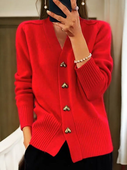 Elegant Vest Voor Dames – Zachte Gebreide Cardigan Met Gouden Hartvormige Knopen