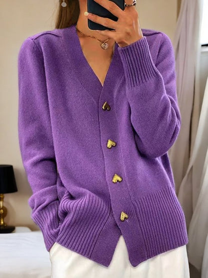 Elegant Vest Voor Dames – Zachte Gebreide Cardigan Met Gouden Hartvormige Knopen