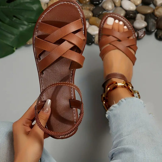 RAYNA | Dames Leren Sandalen met Gekruiste Banden en Elastisch Enkelbandje - Zomers & Elegant