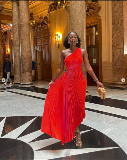 Plissé Eén-Schouder Avondjurk Voor Dames | Luxe Vloerlange Formele Jurk