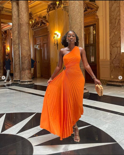 Plissé Eén-Schouder Avondjurk Voor Dames | Luxe Vloerlange Formele Jurk