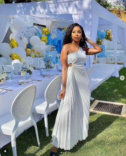 Plissé Eén-Schouder Avondjurk Voor Dames | Luxe Vloerlange Formele Jurk