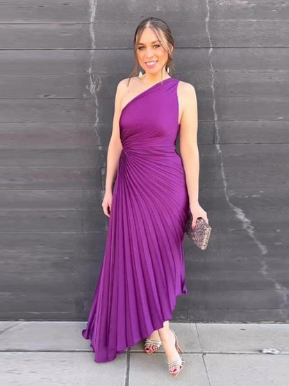Plissé Eén-Schouder Avondjurk Voor Dames | Luxe Vloerlange Formele Jurk