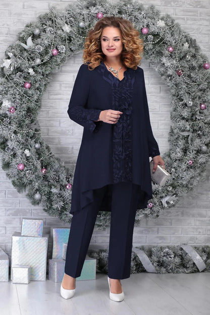 Plus Size Drie-Delig Pak Voor Dames | Geborduurd Elegante Set Met Kantdetails