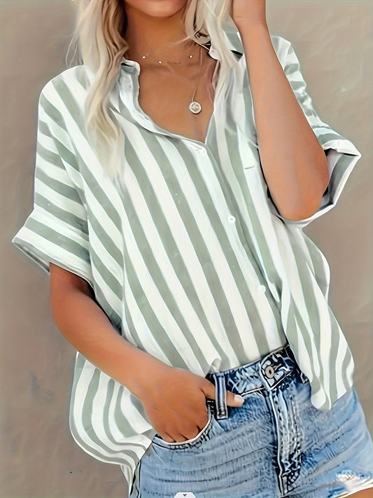 FREJA | Zomerse Damesblouse met Verticale Strepen en Kraag