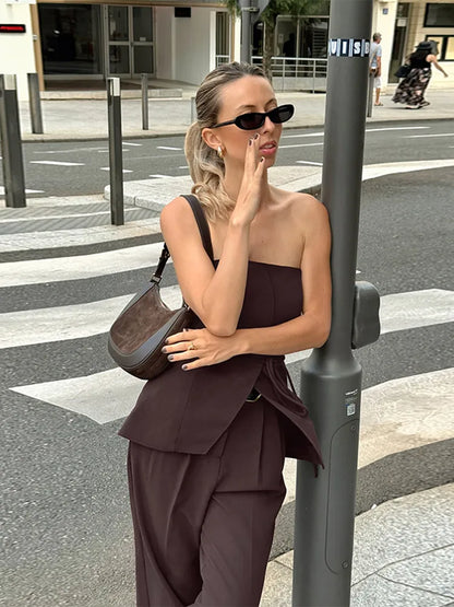JADE | Strapless Tweedelige Set Voor Dames Met Vetersluiting En Wijde Pijpen – Elegant, Luchtig, Trendy