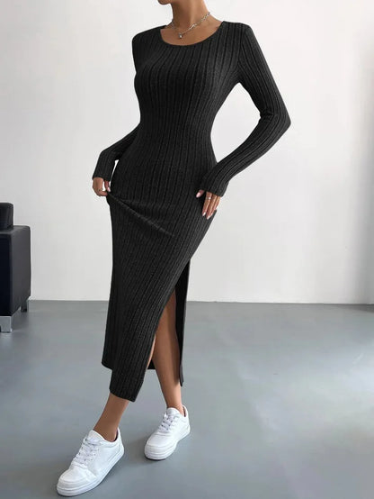 MAREN | Winter Gebreide Midi-Jurk Met Lange Mouwen & Zijsplit – Warm, Stijlvol & Flatterend