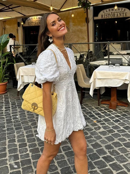 LUNARA | Witte Jurk met Pofmouwen - Zomers & Chic