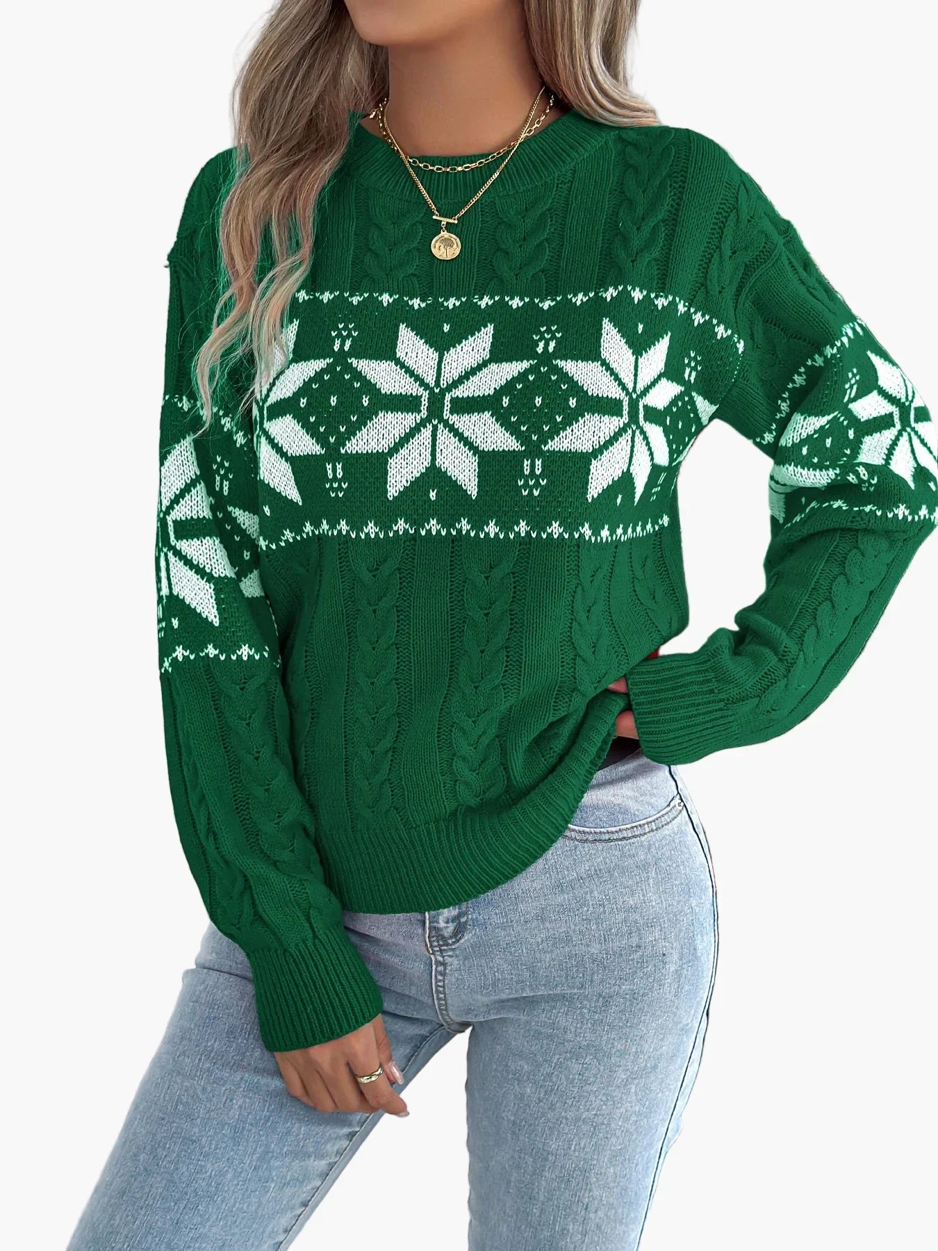 Wintertrui Met Noors Patroon Voor Dames | Warme Gebreide Kersttrui Met Sneeuwvlok Design