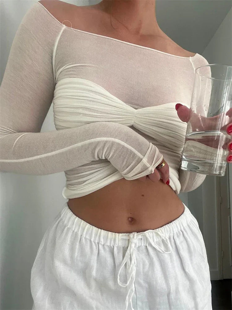KENDRA | Transparante Mesh Top Voor Dames Met Twistdetail – Verfijnd, Verleidelijk, Trendy