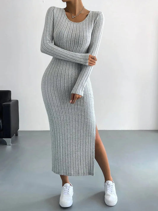 MAREN | Winter Gebreide Midi-Jurk Met Lange Mouwen & Zijsplit – Warm, Stijlvol & Flatterend