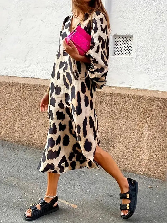 TRACY | Dames Midi-Jurk Met Luipaard Print & Pof Mouwen - Zomers & Stijlvol