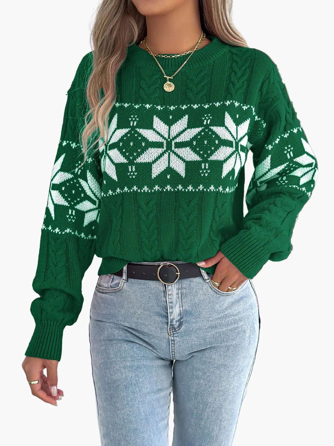 Wintertrui Met Noors Patroon Voor Dames | Warme Gebreide Kersttrui Met Sneeuwvlok Design
