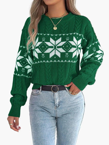 Wintertrui Met Noors Patroon Voor Dames | Warme Gebreide Kersttrui Met Sneeuwvlok Design