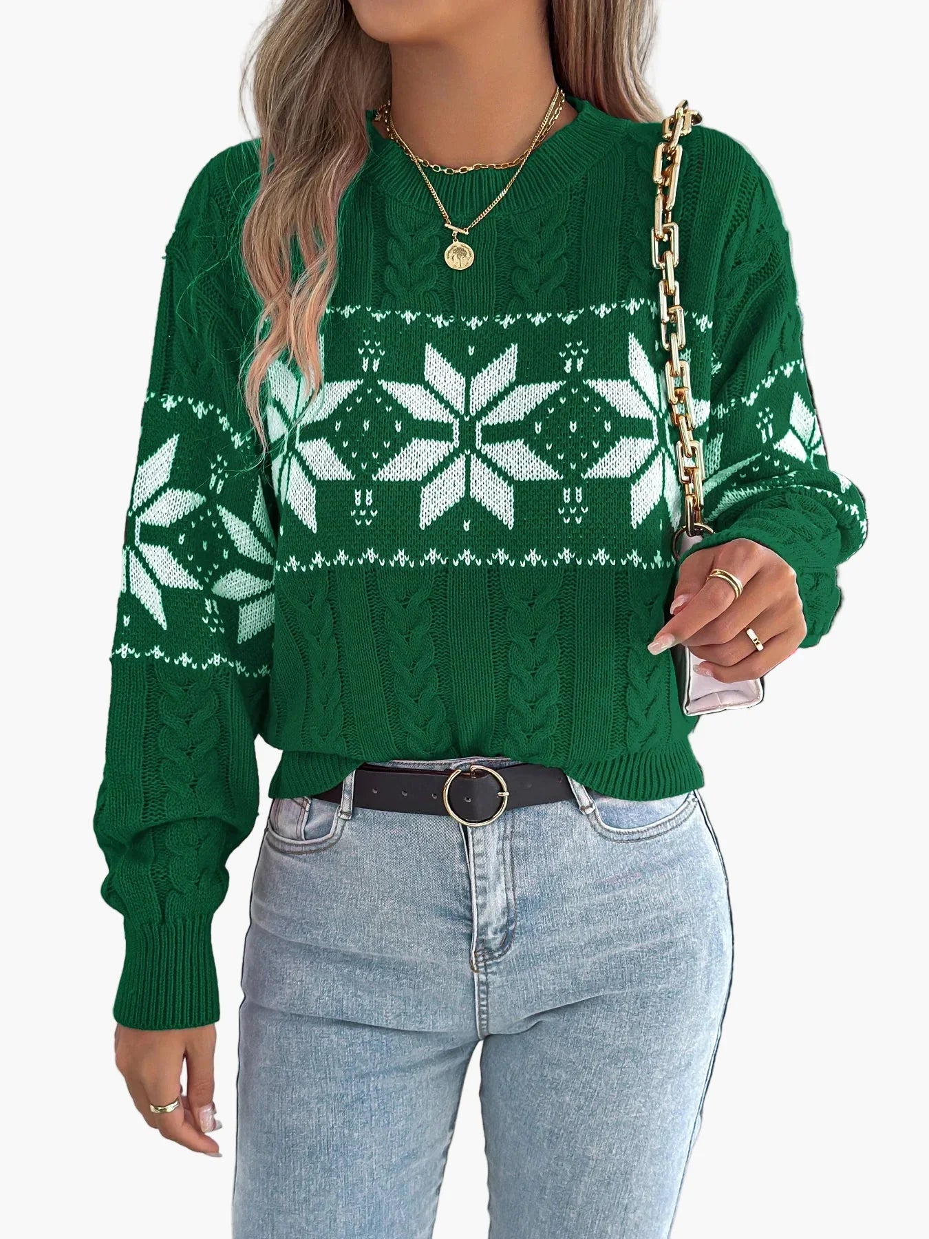 Wintertrui Met Noors Patroon Voor Dames | Warme Gebreide Kersttrui Met Sneeuwvlok Design