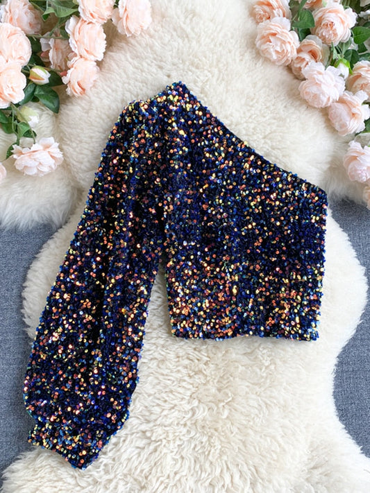 FLEUR | One Shoulder Glitter Top Voor Dames – Elegant, Opvallend, Comfortabel