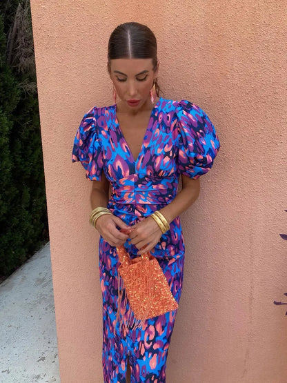 SELINA | Zomerse Maxi Jurk Voor Dames Met Plof Mouwen & Krachtige Kleur