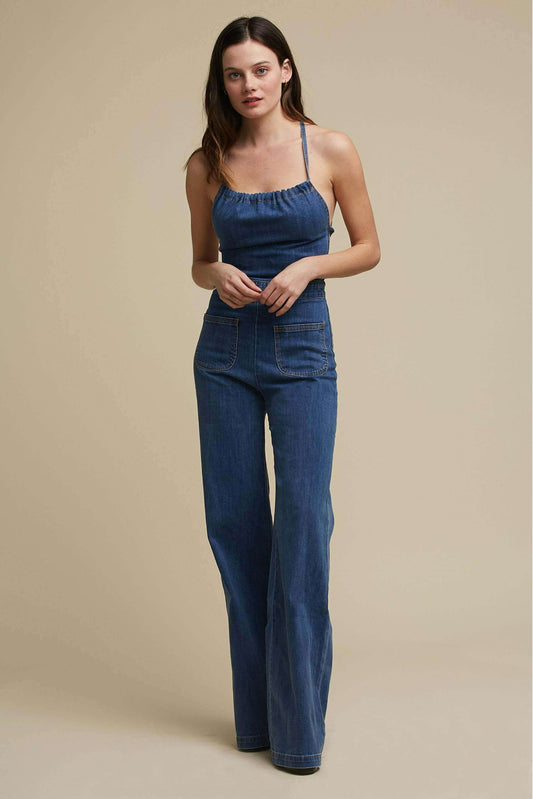 TAYLOR | Elegante Dames Denim Jumpsuit met Flared Pijpen & Open Rug