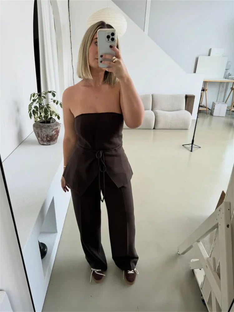 JADE | Strapless Tweedelige Set Voor Dames Met Vetersluiting En Wijde Pijpen – Elegant, Luchtig, Trendy