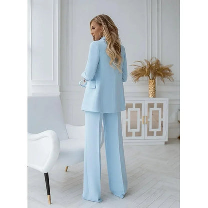 Tweedelig Pak Voor Dames | Lichtblauw Blazer Pak Met Rechte Broek