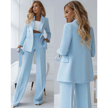 Tweedelig Pak Voor Dames | Lichtblauw Blazer Pak Met Rechte Broek