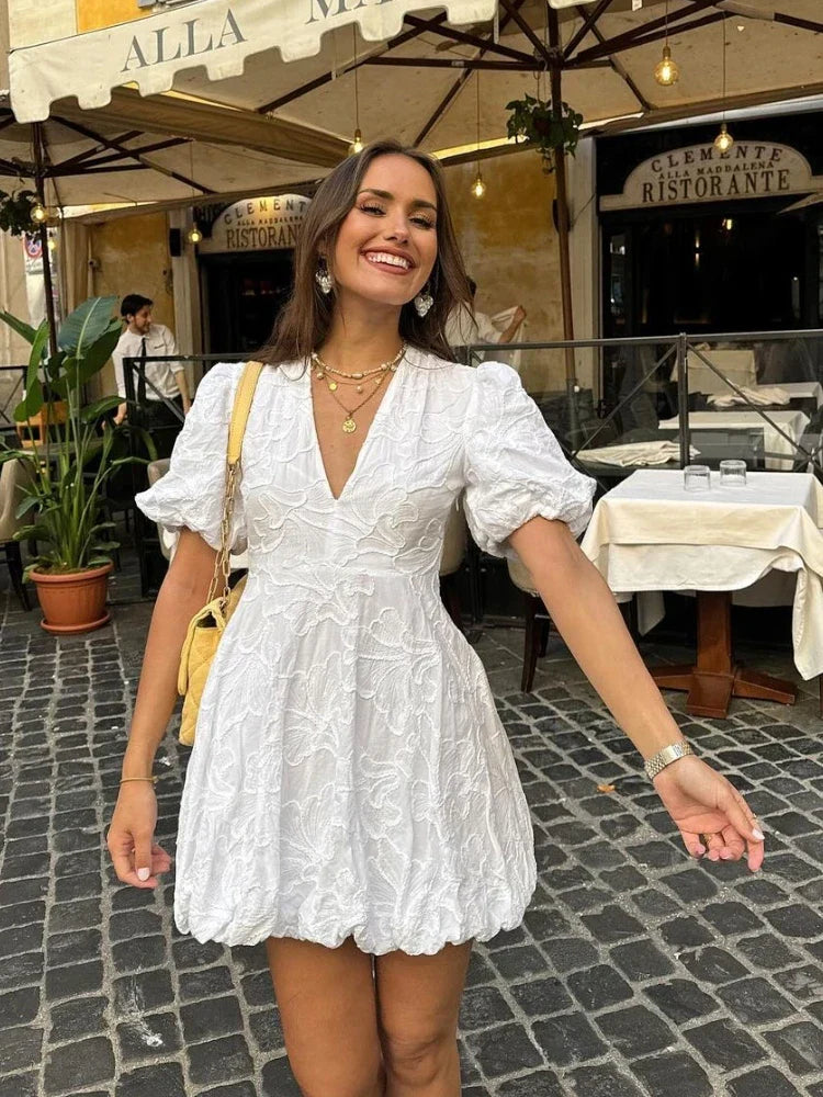 LUNARA | Witte Jurk met Pofmouwen - Zomers & Chic