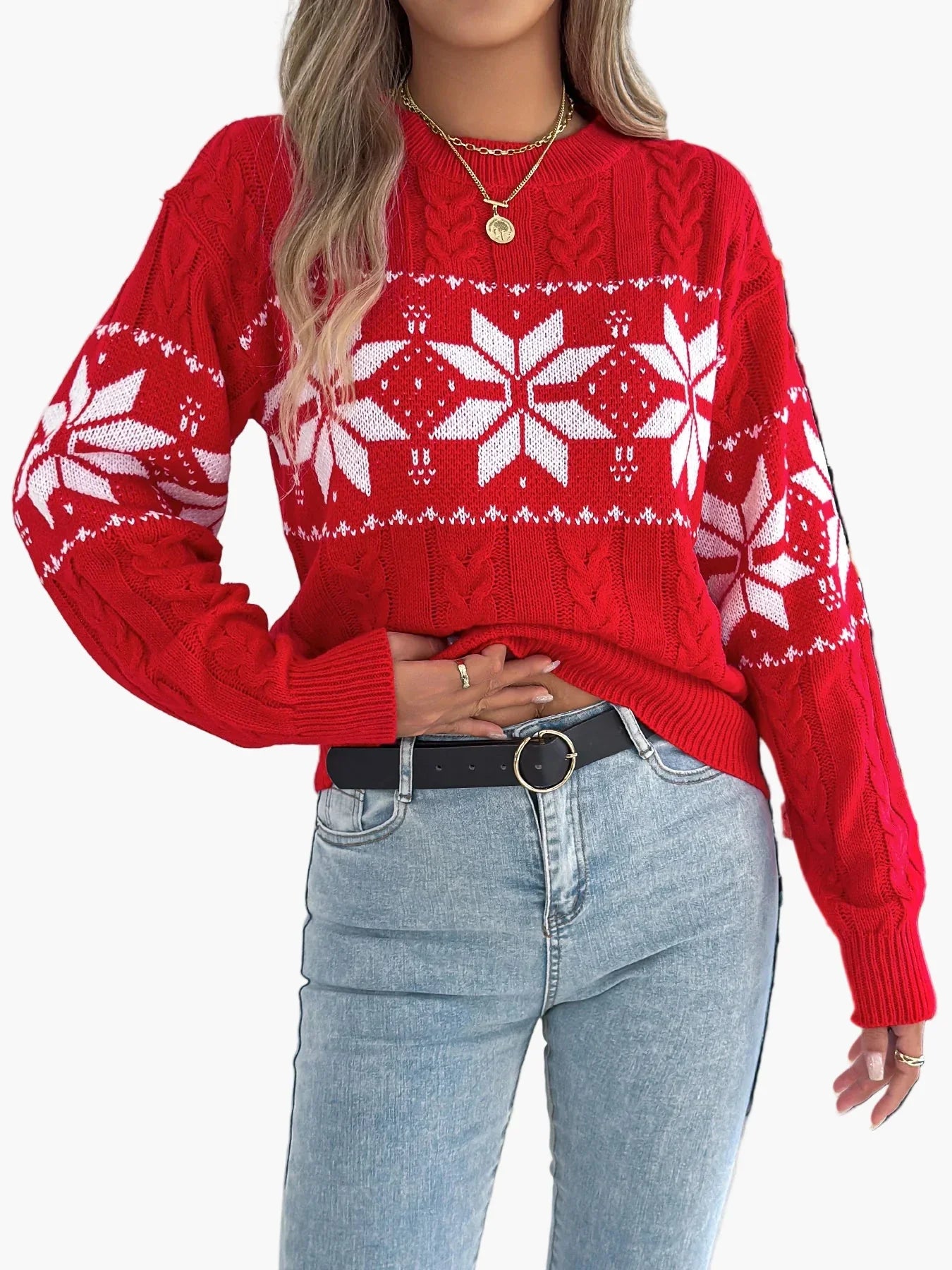 Wintertrui Met Noors Patroon Voor Dames | Warme Gebreide Kersttrui Met Sneeuwvlok Design