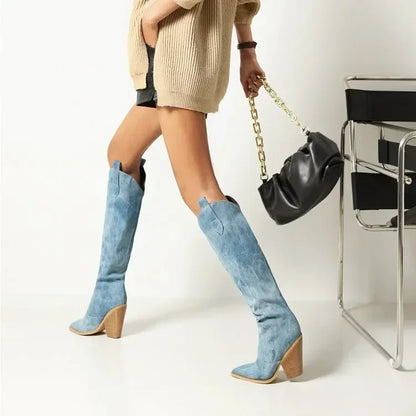 ROXANNE | Denim Look Cowboy Overknee Laarzen in Blauw – Stijlvol, Uniek & Gedurfd Voor Elke Gelegenheid