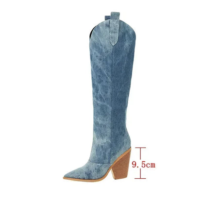 ROXANNE | Denim Look Cowboy Overknee Laarzen in Blauw – Stijlvol, Uniek & Gedurfd Voor Elke Gelegenheid