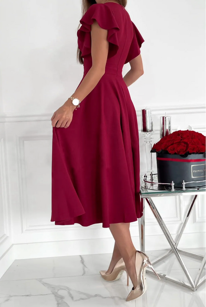 CLARISSE | Elegante Dames Midi-Jurk met Vlindermouwen & A-Lijn Pasvorm